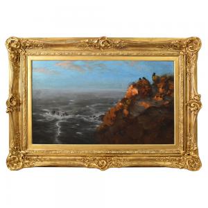 OLD PAINTINGS, LARGE SEASCAPE WITH RAVENS AND ROCK, OIL ON CANVAS, EARLY 20TH CENTURY. (QM606)